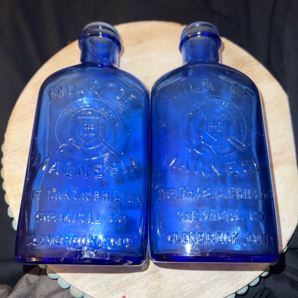 ANTIQUE (1906) COBALT BLUE GLASS BOTTLES//MILK OF MAGNESIA//MADE IN THE USA